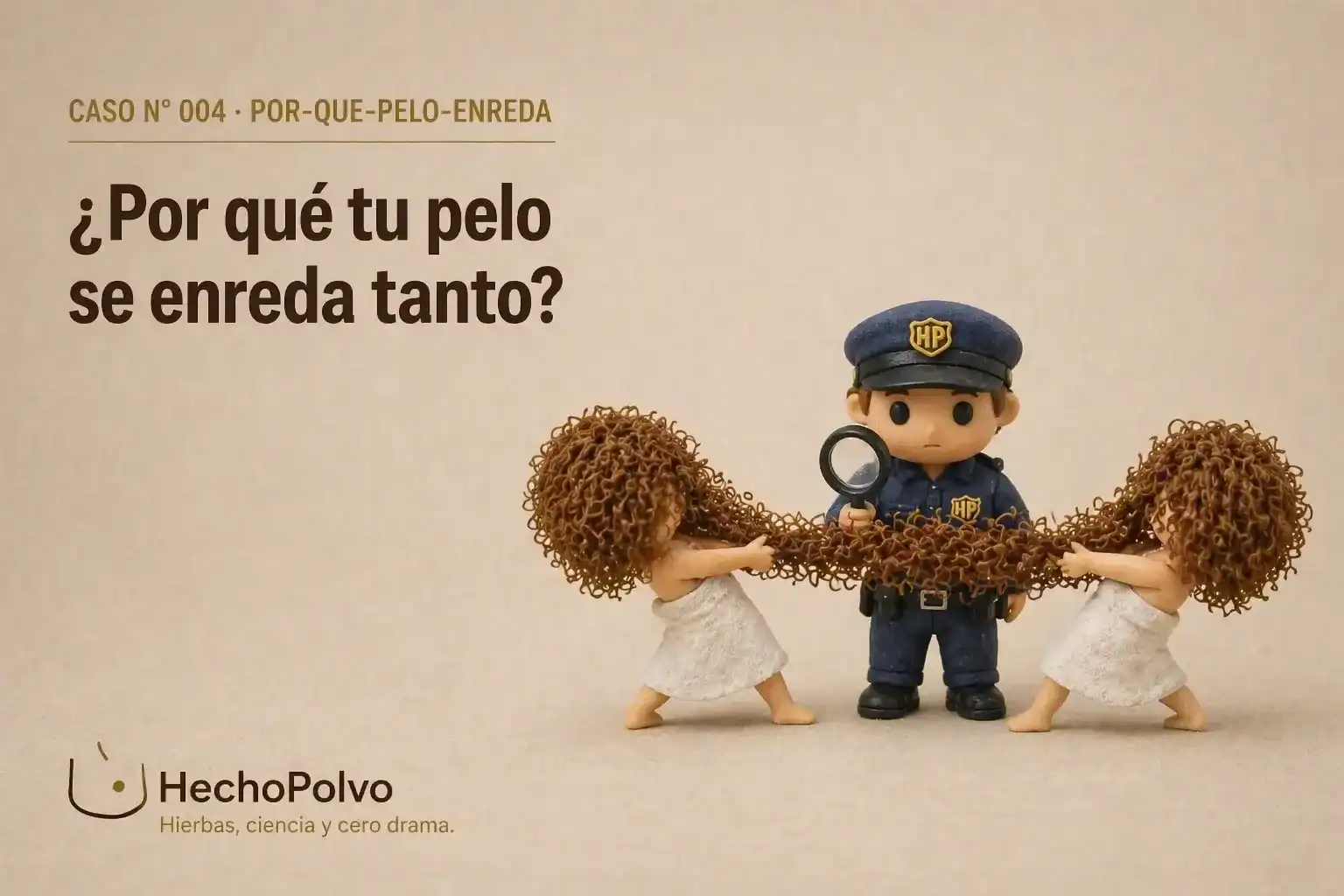 Dos figuritas de arcilla con el pelo enredado tirando en direcciones opuestas mientras el policía HP inspecciona el nudo con una lupa
