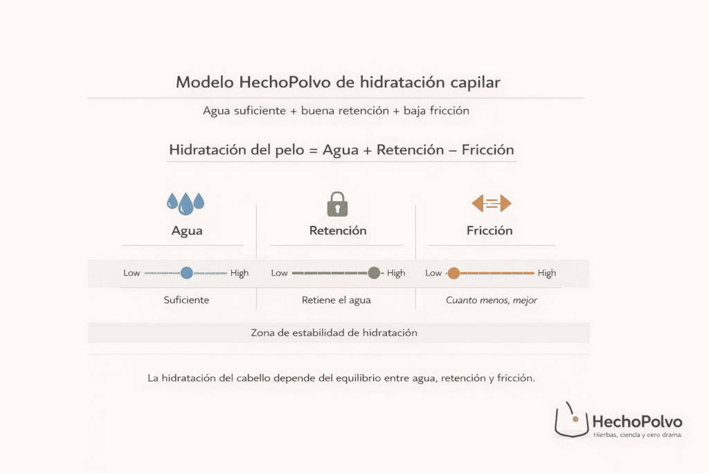 Infografía del modelo de hidratación del cabello basado en agua, retención y fricción.
