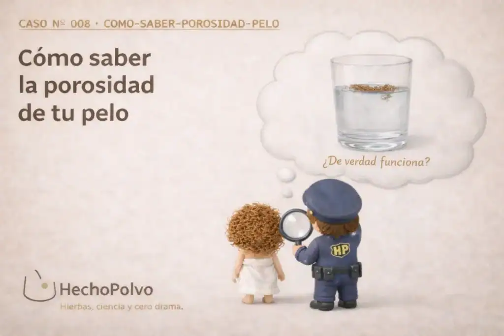 Ilustración HechoPolvo: Clara y el inspector HP de espaldas observan un vaso de agua con pelo — la prueba de porosidad más popular en internet — con la pregunta '¿De verdad funciona?