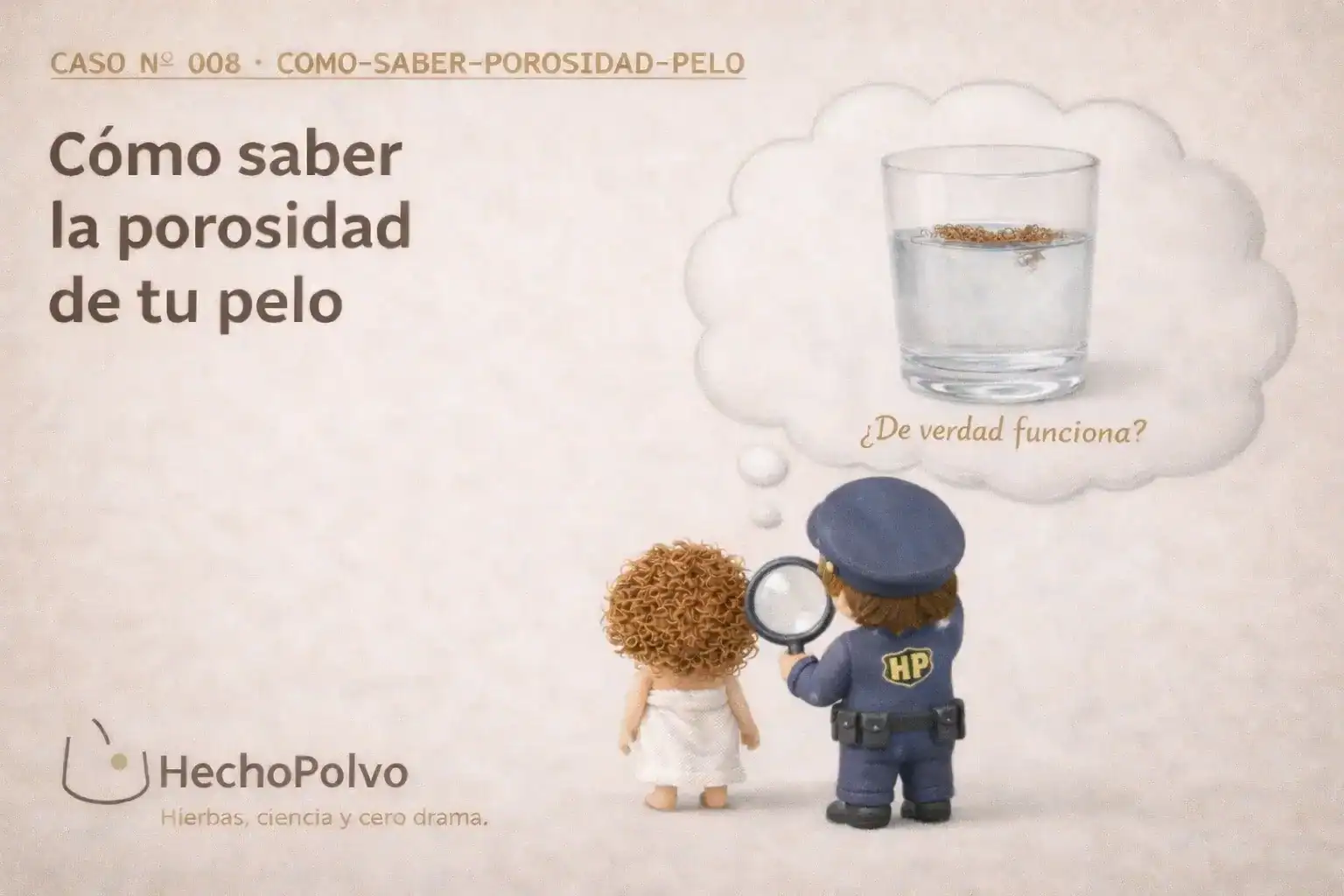 Ilustración HechoPolvo: Clara y el inspector HP de espaldas observan un vaso de agua con pelo — la prueba de porosidad más popular en internet — con la pregunta '¿De verdad funciona?