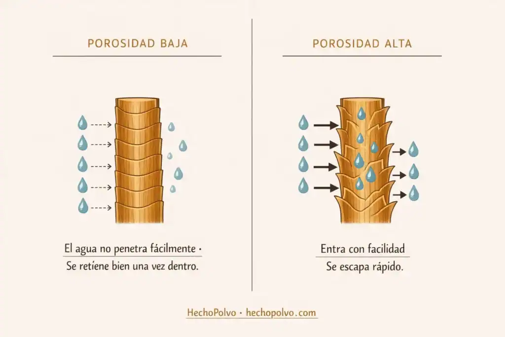 Diagrama comparativo de porosidad baja y alta del cabello: en porosidad baja, las gotas de agua no penetran la cutícula cerrada; en porosidad alta, el agua entra con facilidad pero se escapa con la misma rapidez.