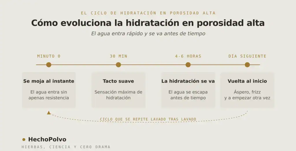 Línea de tiempo de la hidratación en porosidad alta: minuto 0 se moja al instante, 30 min tacto suave, 4-6 horas la hidratación se va, día siguiente vuelta al inicio. Ciclo que se repite lavado tras lavado.