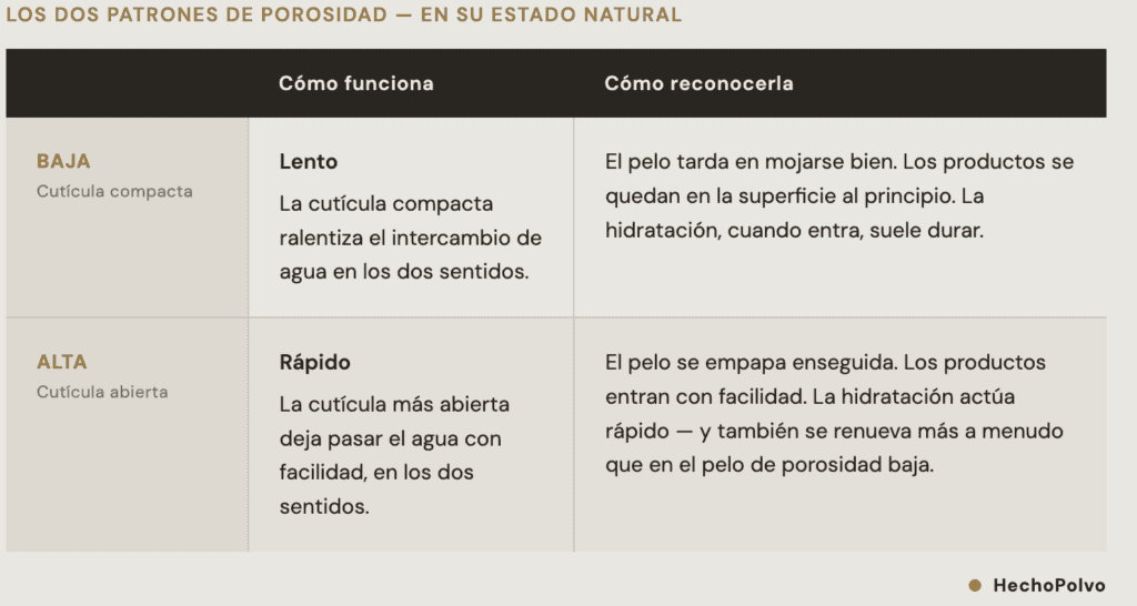 Diferencias básicas entre porosidad baja y alta según el control del intercambio de agua.

