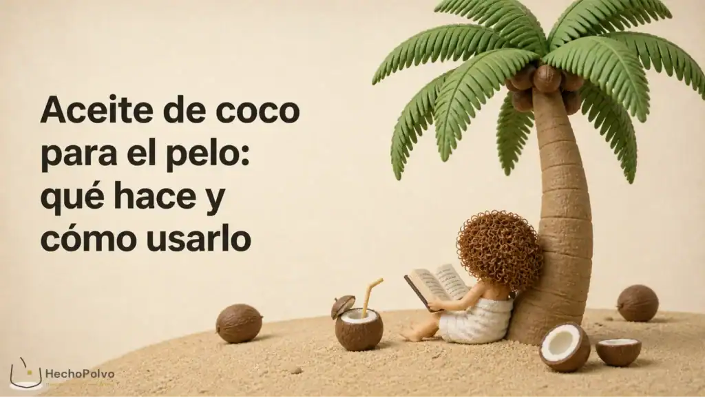 Clara sentada en la arena, de espaldas, leyendo un libro abierto apoyada en una palmera de coco gigante, con cocos a su alrededor.