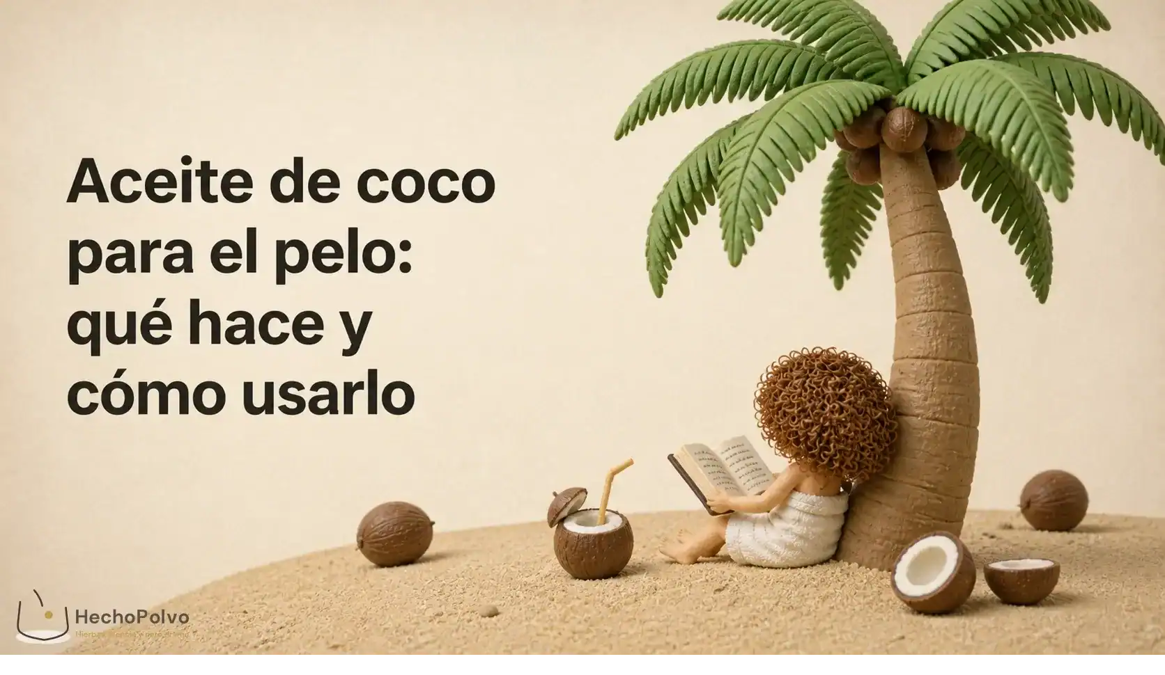 Clara sentada en la arena, de espaldas, leyendo un libro abierto apoyada en una palmera de coco gigante, con cocos a su alrededor.