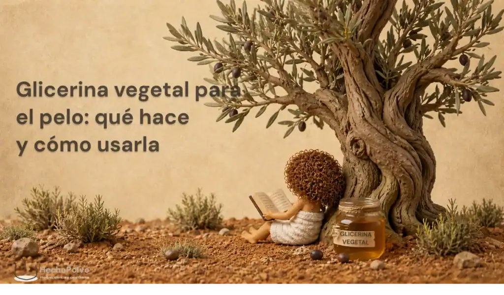 Glicerina vegetal en tarro al pie de un olivo: figura de Clara leyendo sobre cuidado del pelo en campo andaluz.