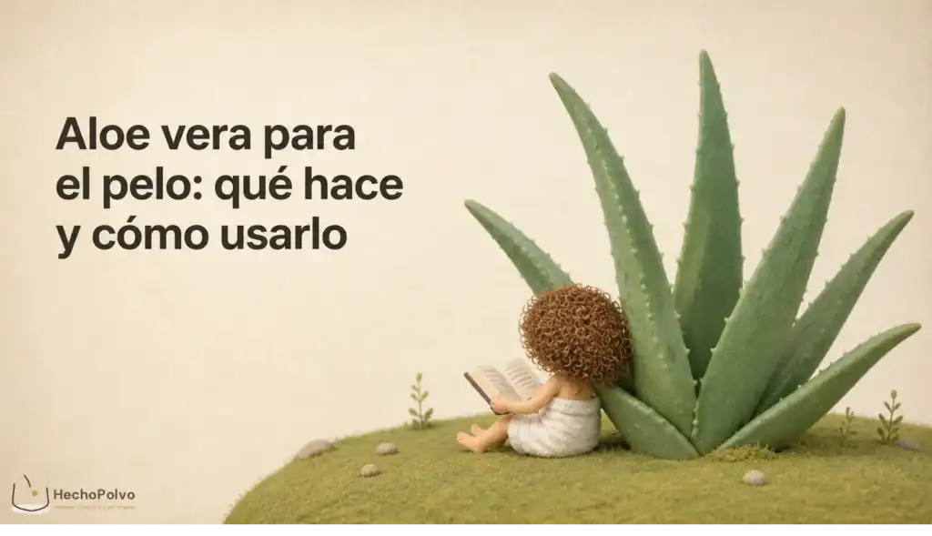 Clara de espaldas con planta de aloe vera gigante, leyendo sobre aloe vera para pelo encrespado.