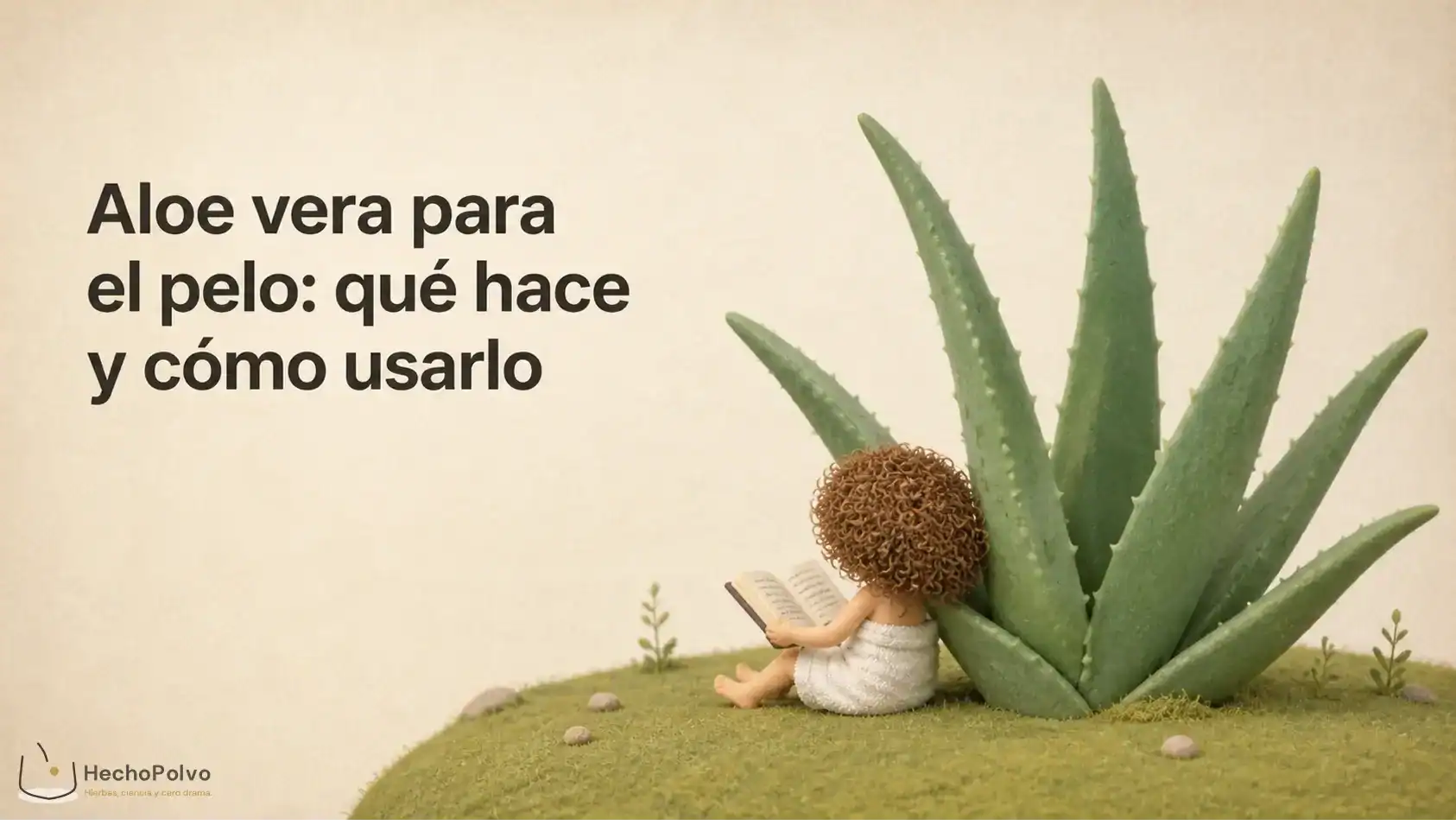 Clara de espaldas con planta de aloe vera gigante, leyendo sobre aloe vera para pelo encrespado.