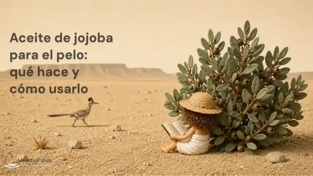Arbusto de jojoba con semillas visibles y un correcaminos al fondo: figura de Clara leyendo sobre cuidado del pelo en el desierto mexicano.