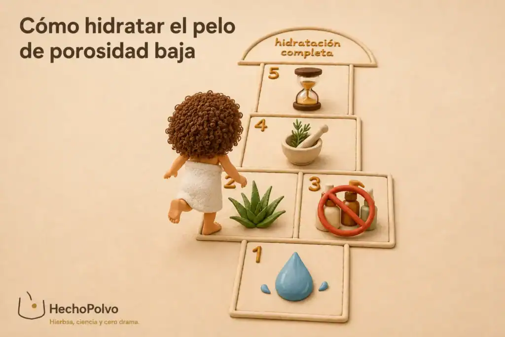 Rutina para pelo de porosidad baja: rayuela en plastilina con 5 pasos hacia hidratación completa.