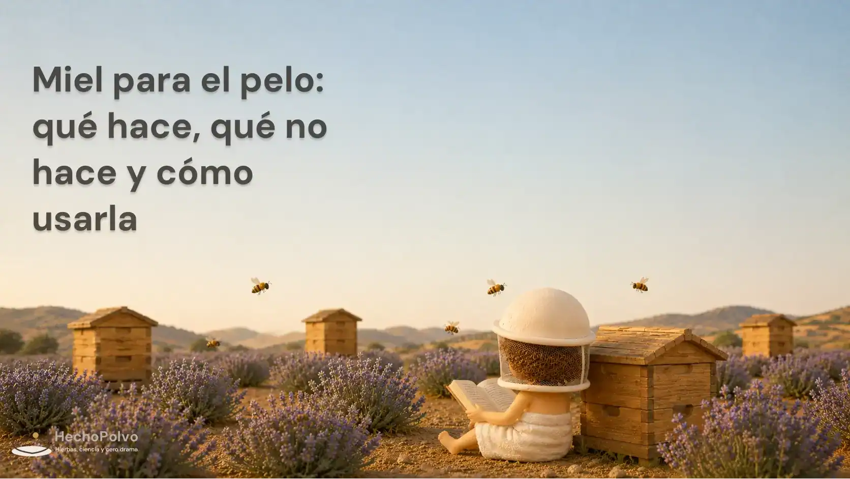 Miel para el pelo: figura de Clara con velo de apicultor leyendo en un campo de lavanda andaluz con colmenas de madera.