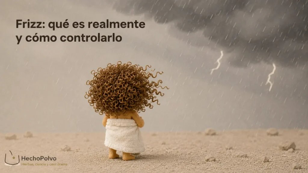 Frizz en el pelo de Clara: silueta plastilina de espalda bajo tormenta, pelo rizado elevado por la humedad.