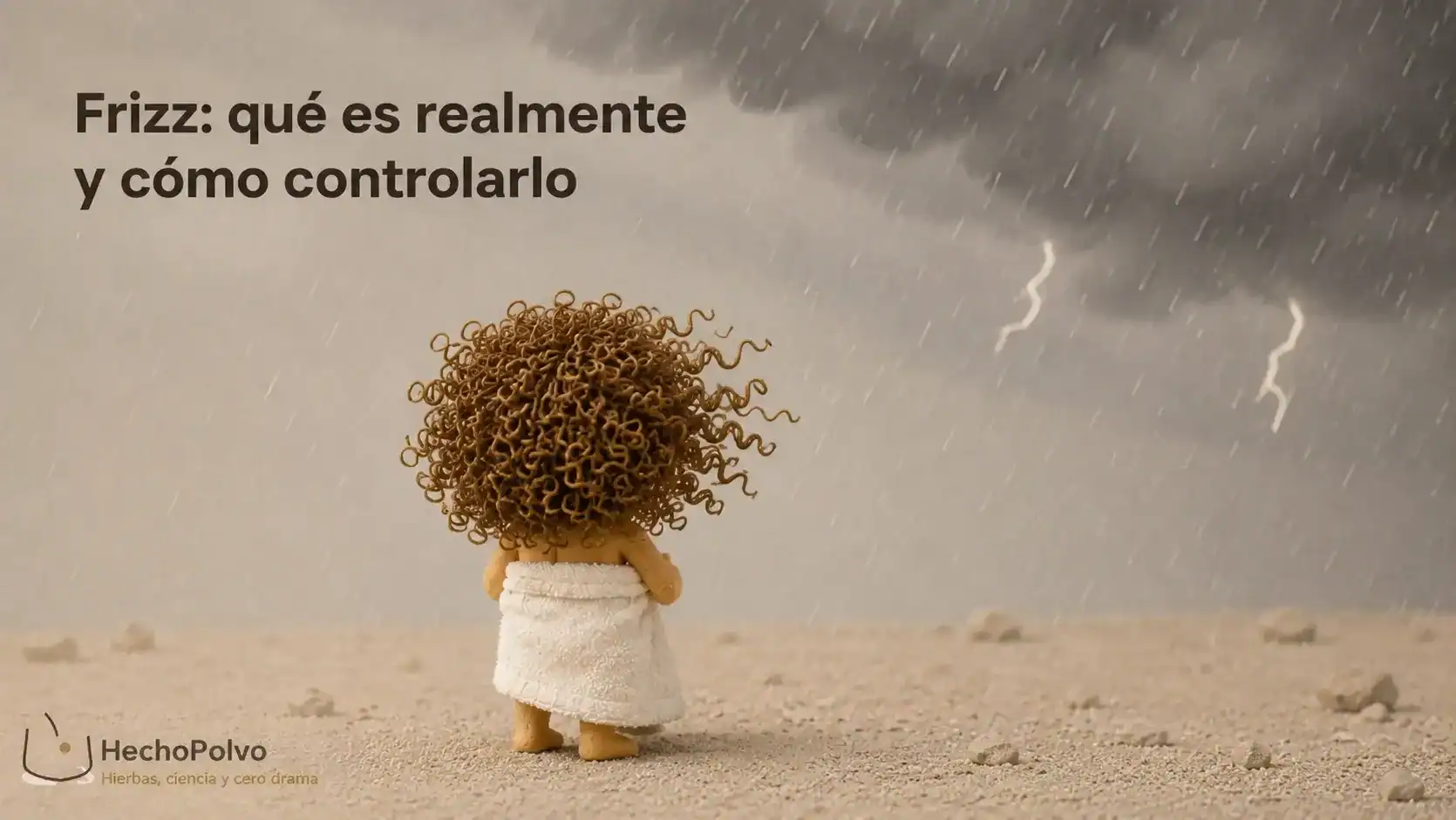 Frizz en el pelo de Clara: silueta plastilina de espalda bajo tormenta, pelo rizado elevado por la humedad.