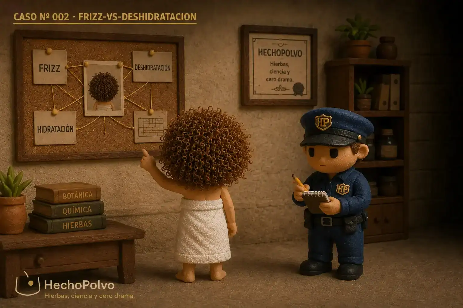 Clara con frizz tira de un hilo que se pierde, mientras el detective HP la acompaña buscando la causa.