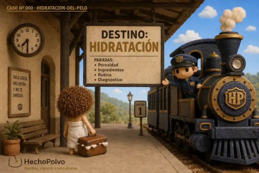 Clara con toalla y maleta llena de toallas en el andén, junto al maquinista HP y un cartel 'Destino: Hidratación'.