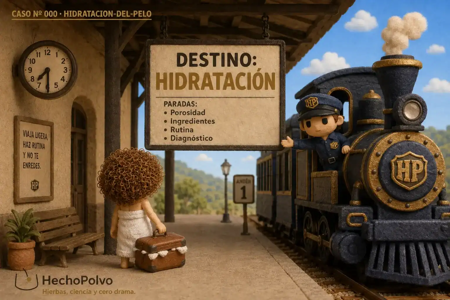 Clara con toalla y maleta llena de toallas en el andén, junto al maquinista HP y un cartel 'Destino: Hidratación'.