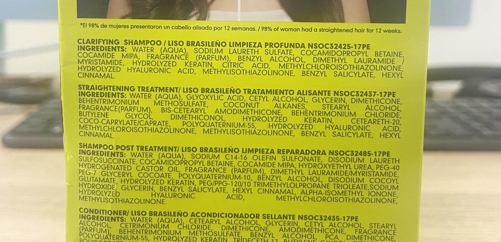 Estuche del kit de alisado Keratimask: el reclamo 'Shampoo Libre de sal, sulfatos y parabenos' junto al INCI del champú, con Sodium Laureth Sulfate en segunda posición.
