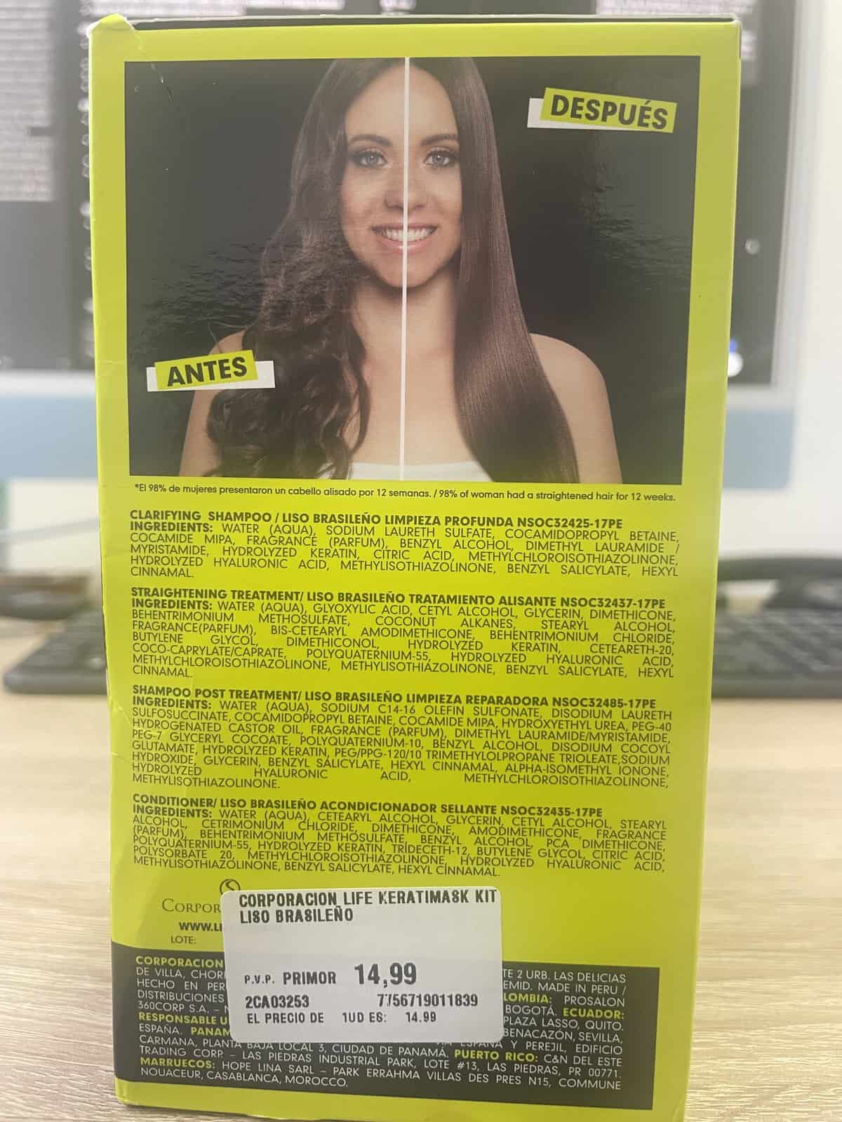 Panel trasero completo del kit Keratimask con las listas de ingredientes de sus pasos.