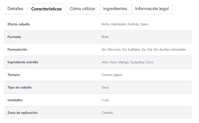 Ficha de características del champú Maui Coconut Milk en la web de Primor con la mención 'Sin Sal'.