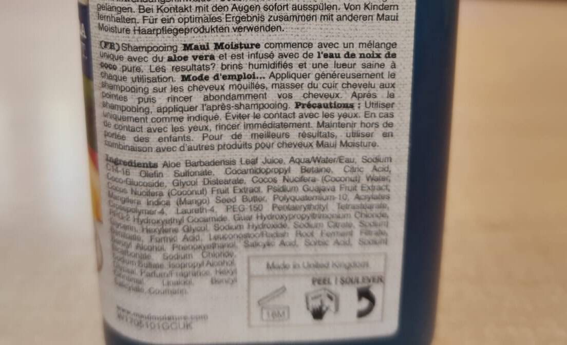 INCI impreso en el envase físico del champú Maui Coconut Milk, con Sodium Chloride en la lista.