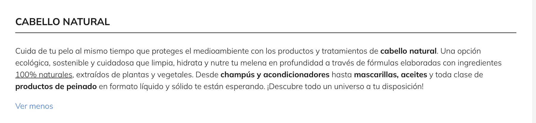 Captura de la portada de la categoría Cabello Natural de Primor: ingredientes '100% naturales'.