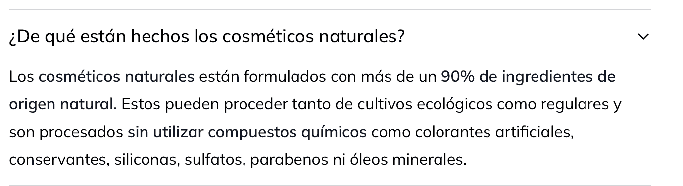 Captura de la pregunta frecuente de Primor que define la cosmética natural como más de un 90% de ingredientes naturales.