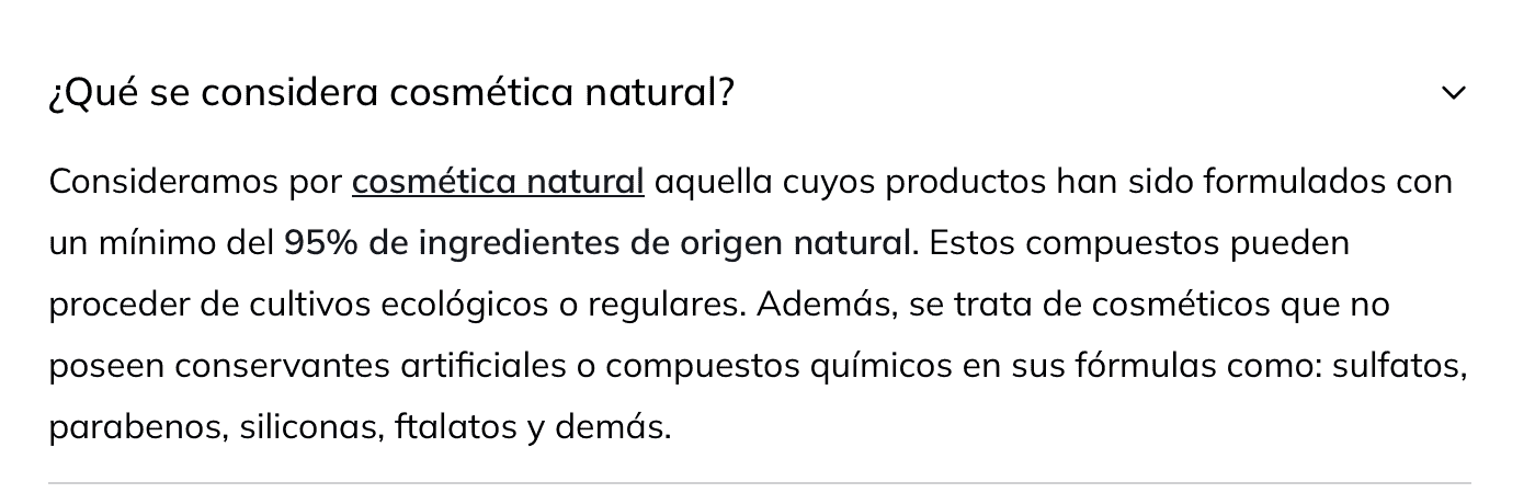 Captura de la pregunta frecuente de Primor que fija la cosmética natural en un mínimo del 95% de ingredientes de origen natural.