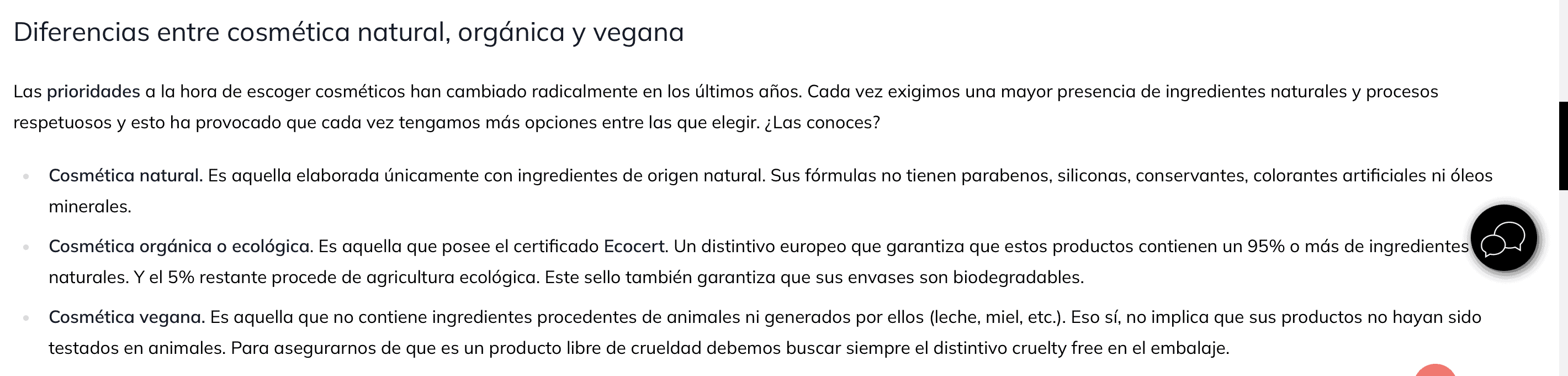 Captura de la sección de Primor que define la cosmética natural como elaborada 'únicamente' con ingredientes de origen natural.