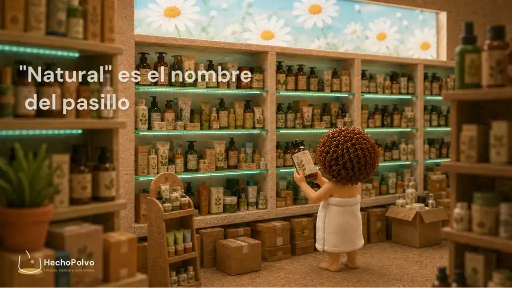 Mujer de espaldas girando un bote de champú para leer la lista de ingredientes en un lineal de cosmética natural