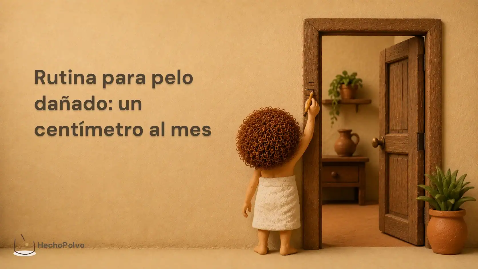 Clara de espaldas marca en el marco de una puerta cuánto le ha crecido el pelo, sobre la rutina para pelo dañado.