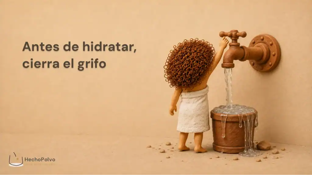 Clara de espaldas cierra un grifo de plastilina mientras un cubo se desborda, sobre la rutina para pelo deshidratado.