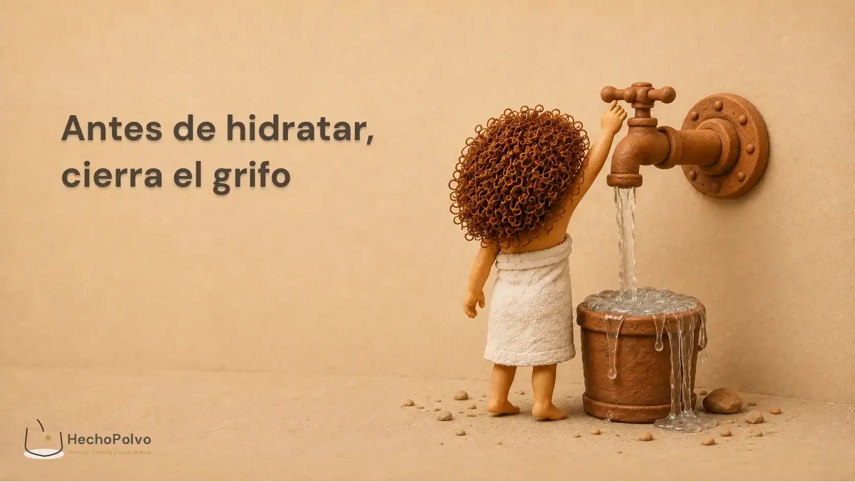 Clara de espaldas cierra un grifo de plastilina mientras un cubo se desborda, sobre la rutina para pelo deshidratado.