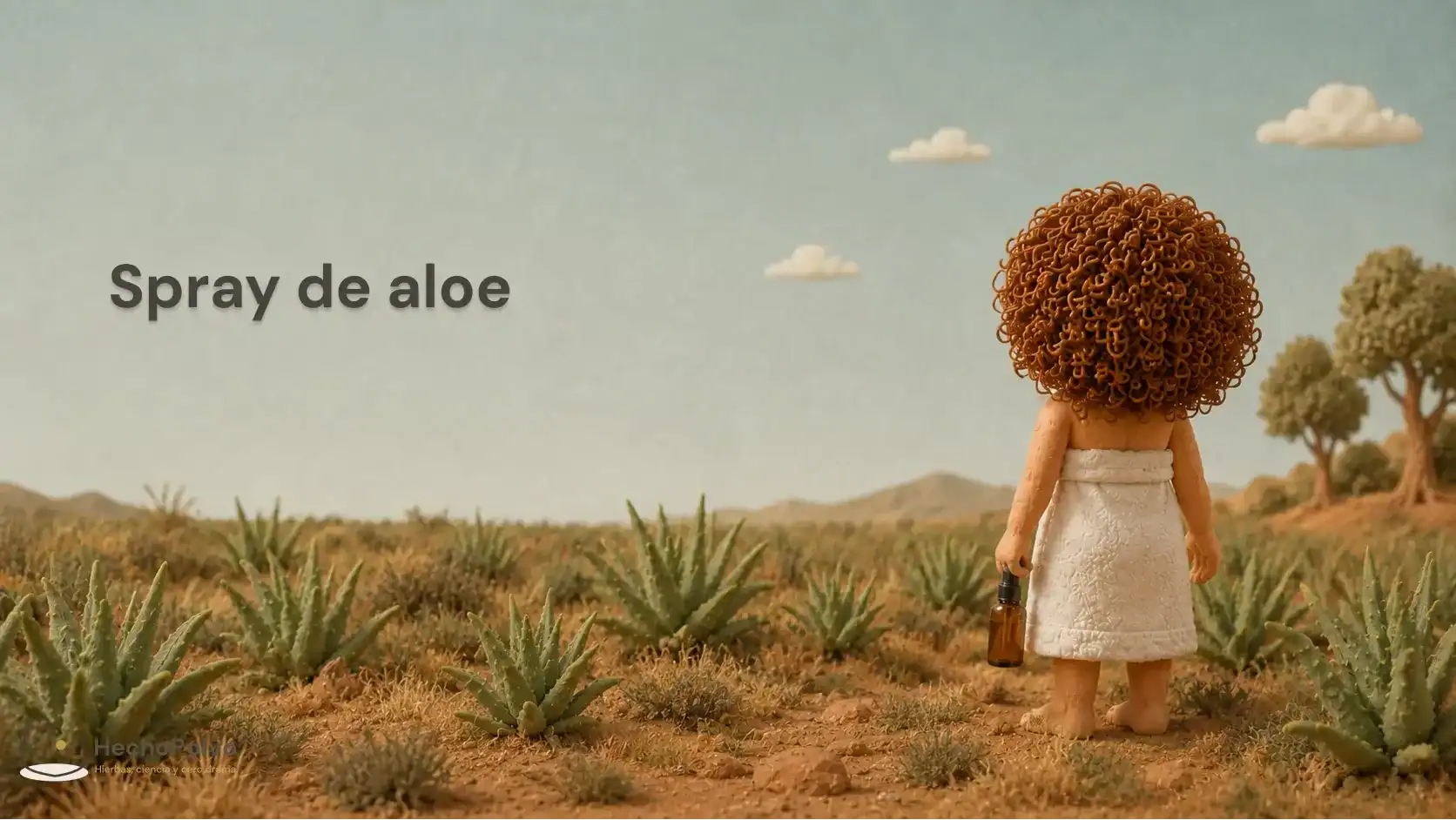 Clara de espaldas se pulveriza el pelo con un spray de aloe de plastilina, con la bruma suspendida en el aire.