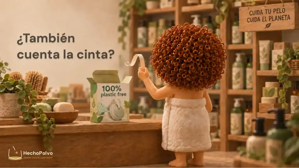 Clara de espaldas sostiene la cinta que venía dentro de una caja de champú sólido que anuncia "100% plastic free"